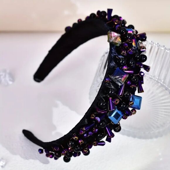 Elegant Black & Purple Hued Crystal Embellished Headband - Picture 3 of 5